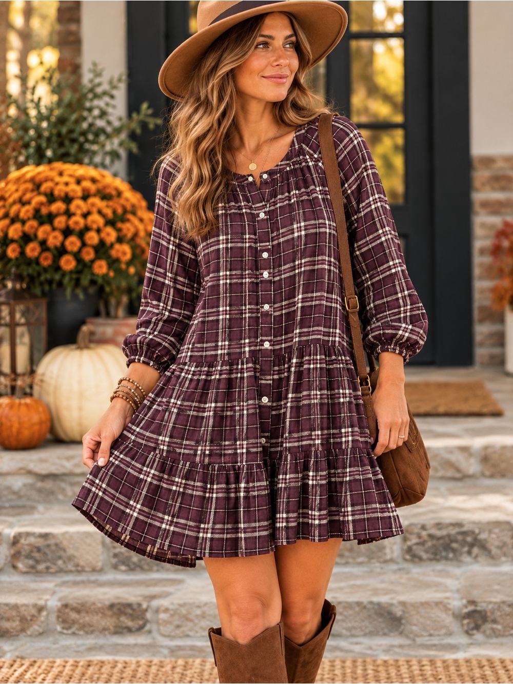 GAP Plaid Tiered Shirt Dress Large Purple Cream Cottagecore Boho Fall